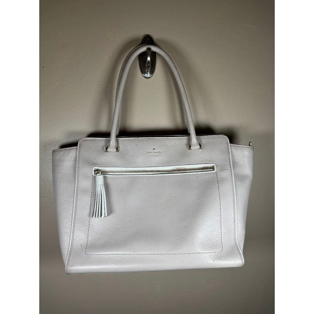 Kate Spade New York Pebbled Leather Tassel Tote Bag Light Gray Shoulder Bag